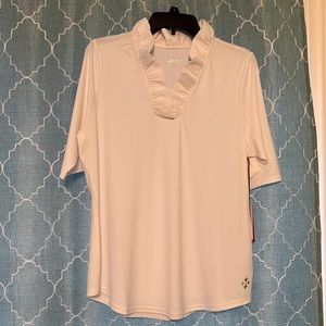 Jofit White knit ruffled neck golf shirt.  NWT. Size Xl. $39